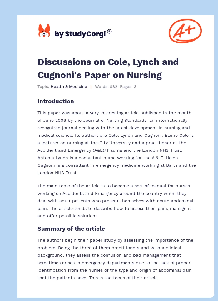 Discussions on Cole, Lynch and Cugnoni's Paper on Nursing. Page 1