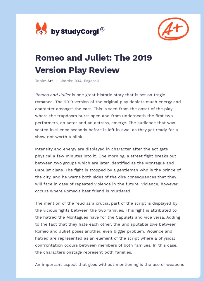 Romeo and Juliet: The 2019 Version Play Review. Page 1