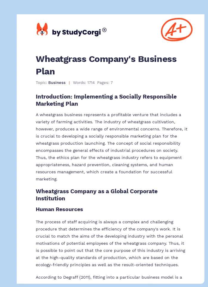Wheatgrass Company's Business Plan. Page 1