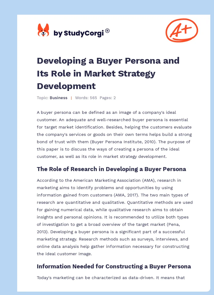 Developing a Buyer Persona and Its Role in Market Strategy Development. Page 1