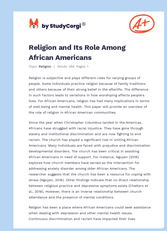 Religion and Its Role Among African Americans. Page 1