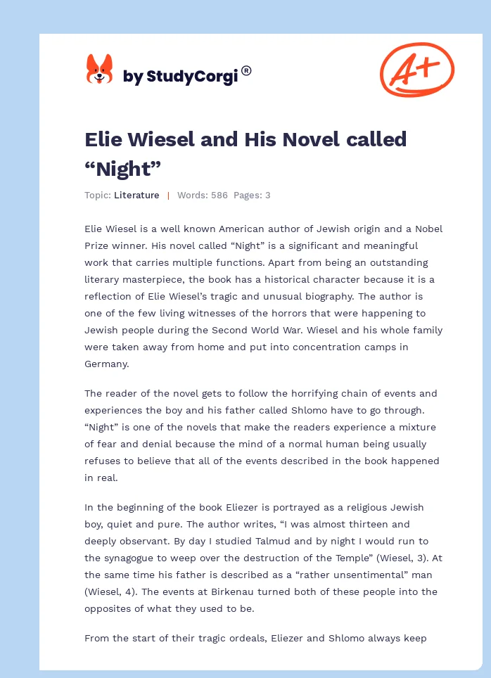 Elie Wiesel and His Novel called “Night”. Page 1