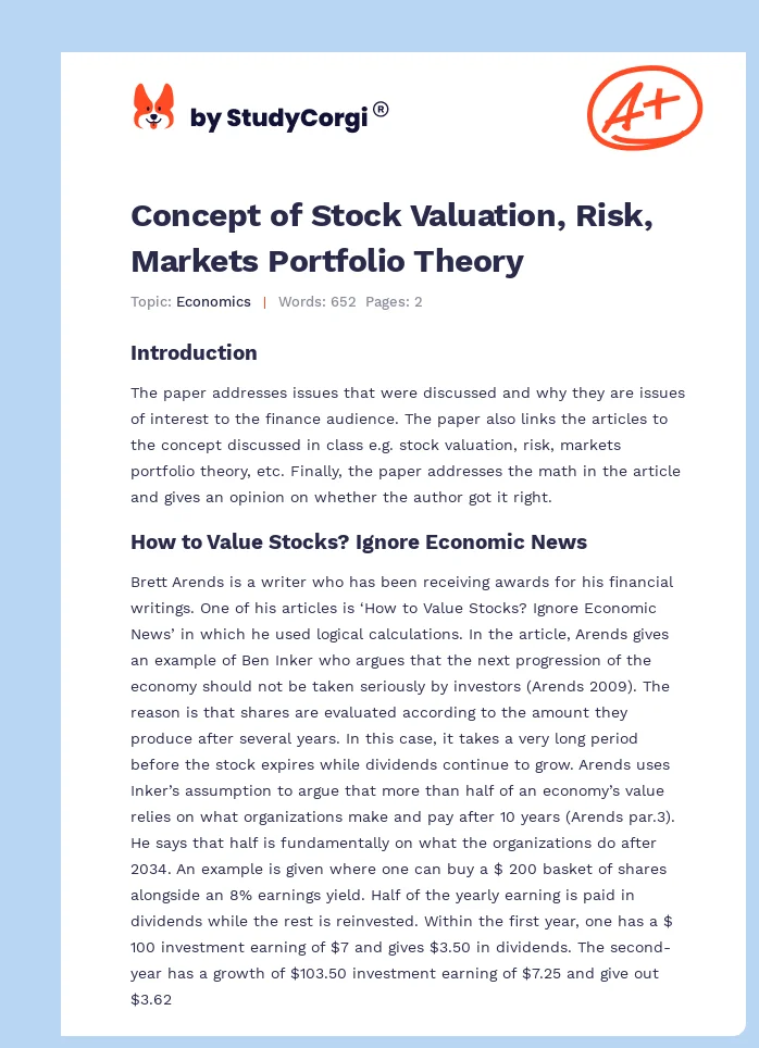 Concept of Stock Valuation, Risk, Markets Portfolio Theory. Page 1