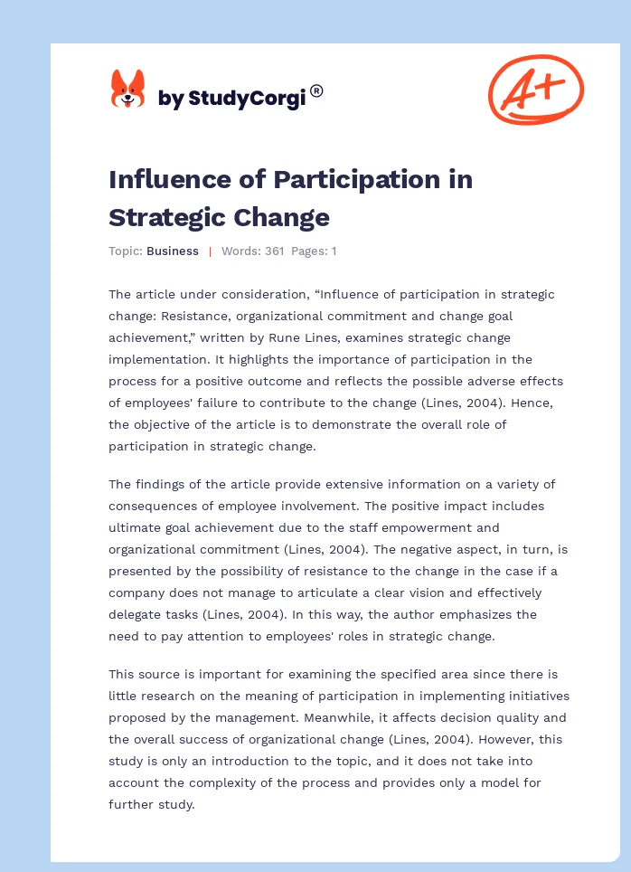 Influence of Participation in Strategic Change. Page 1