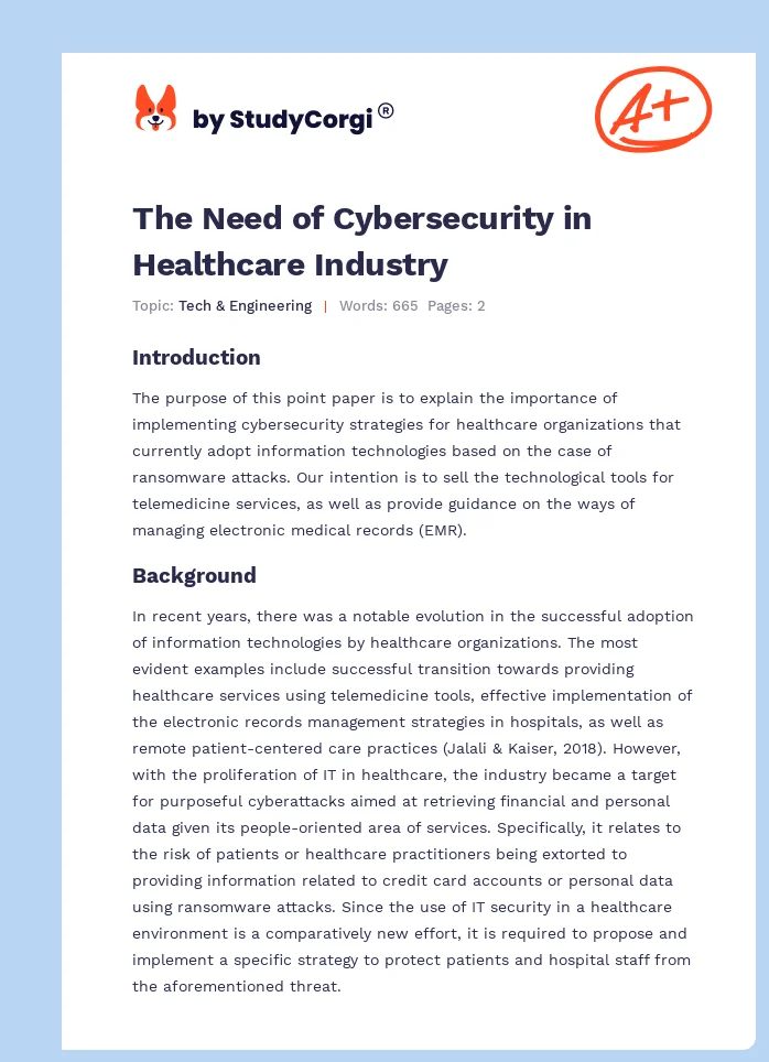 The Need of Cybersecurity in Healthcare Industry. Page 1