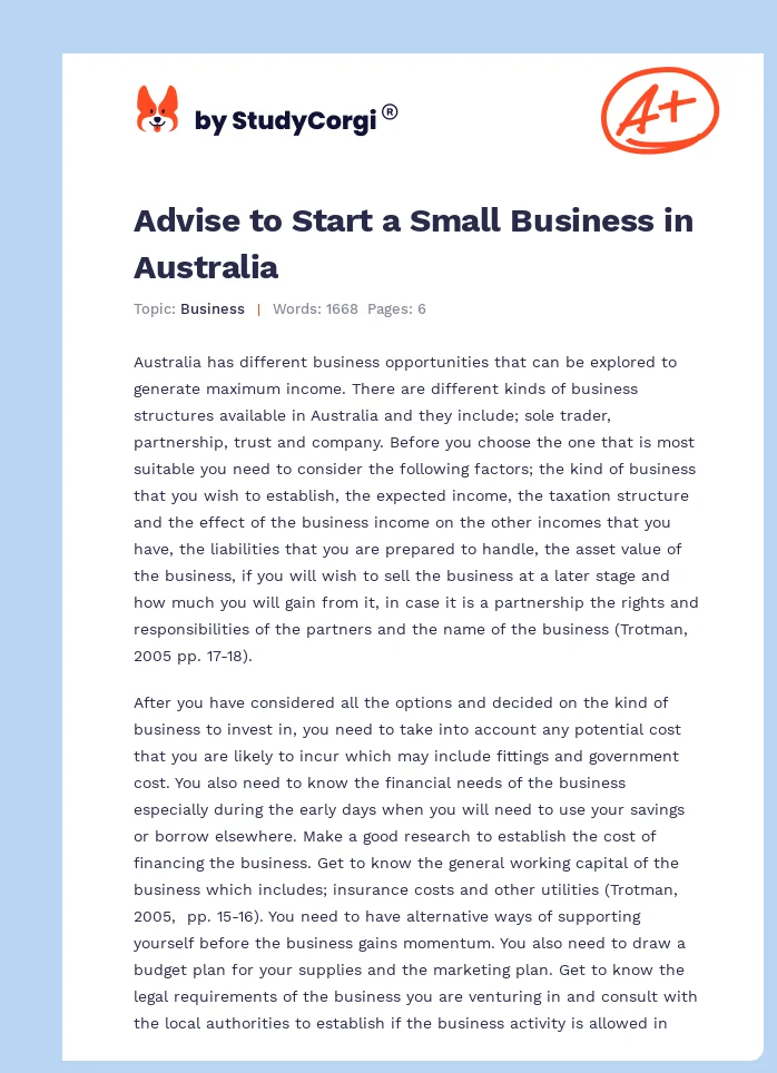 Advise to Start a Small Business in Australia. Page 1