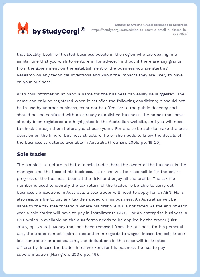 Advise to Start a Small Business in Australia. Page 2