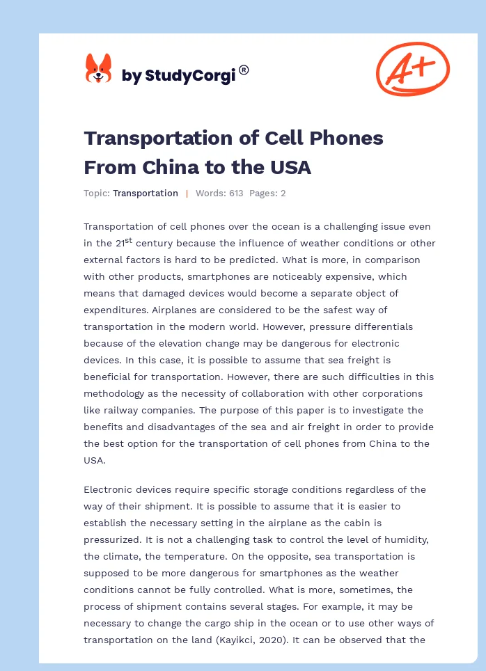 Transportation of Cell Phones From China to the USA. Page 1