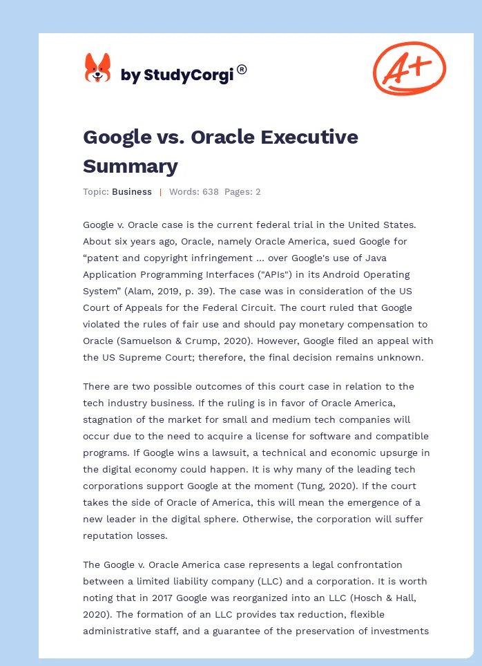Google vs. Oracle Executive Summary. Page 1