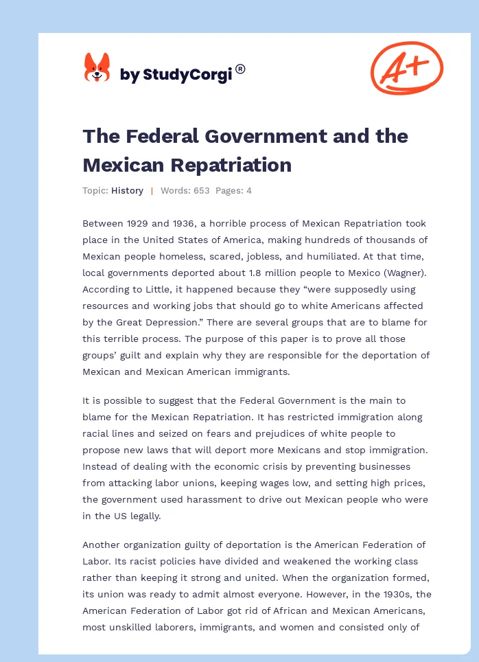 The Federal Government and the Mexican Repatriation. Page 1