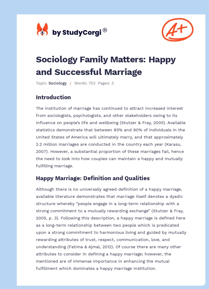 Sociology Family Matters: Happy and Successful Marriage. Page 1