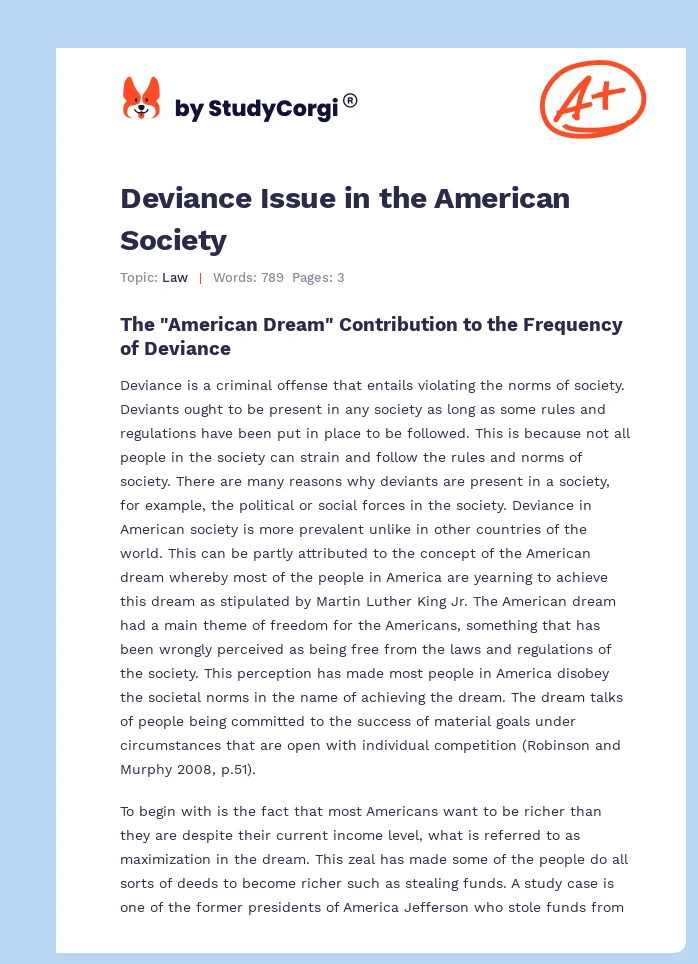 Deviance Issue in the American Society. Page 1