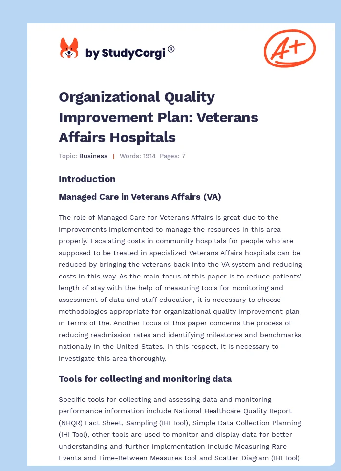 Organizational Quality Improvement Plan: Veterans Affairs Hospitals. Page 1