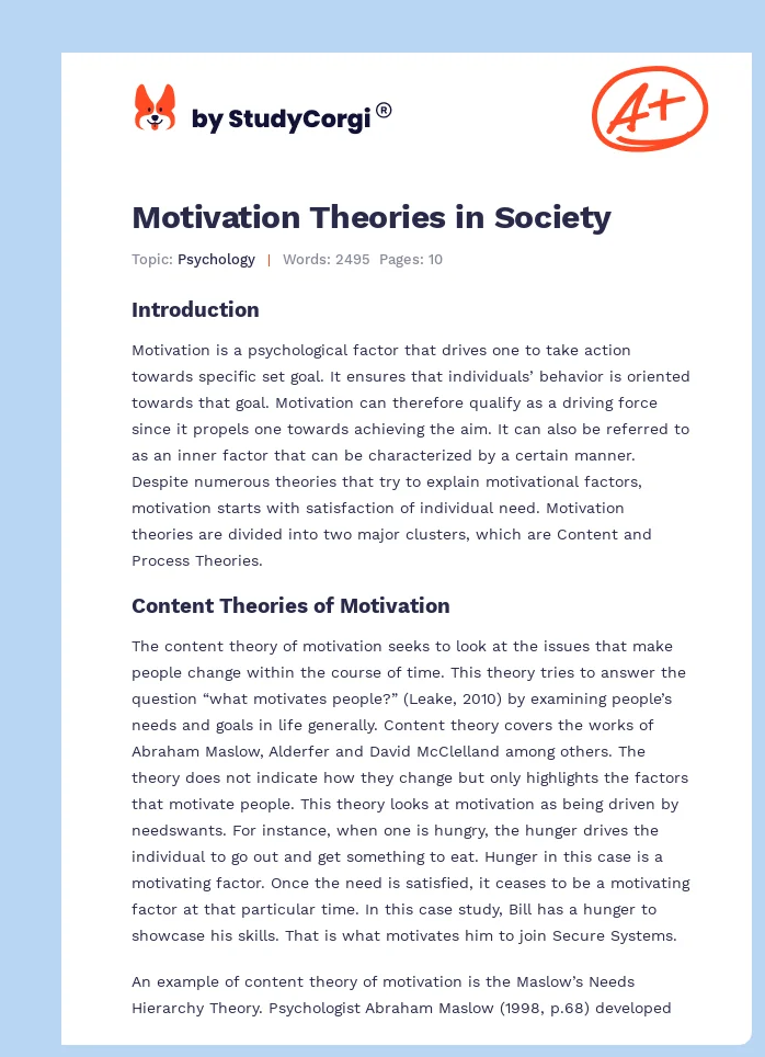 Motivation Theories in Society. Page 1