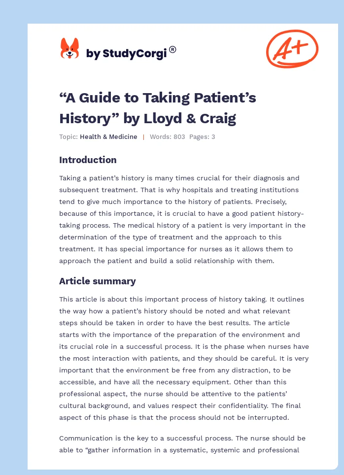 “A Guide to Taking Patient’s History” by Lloyd & Craig. Page 1