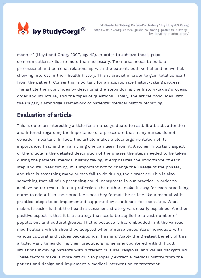 “A Guide to Taking Patient’s History” by Lloyd & Craig. Page 2