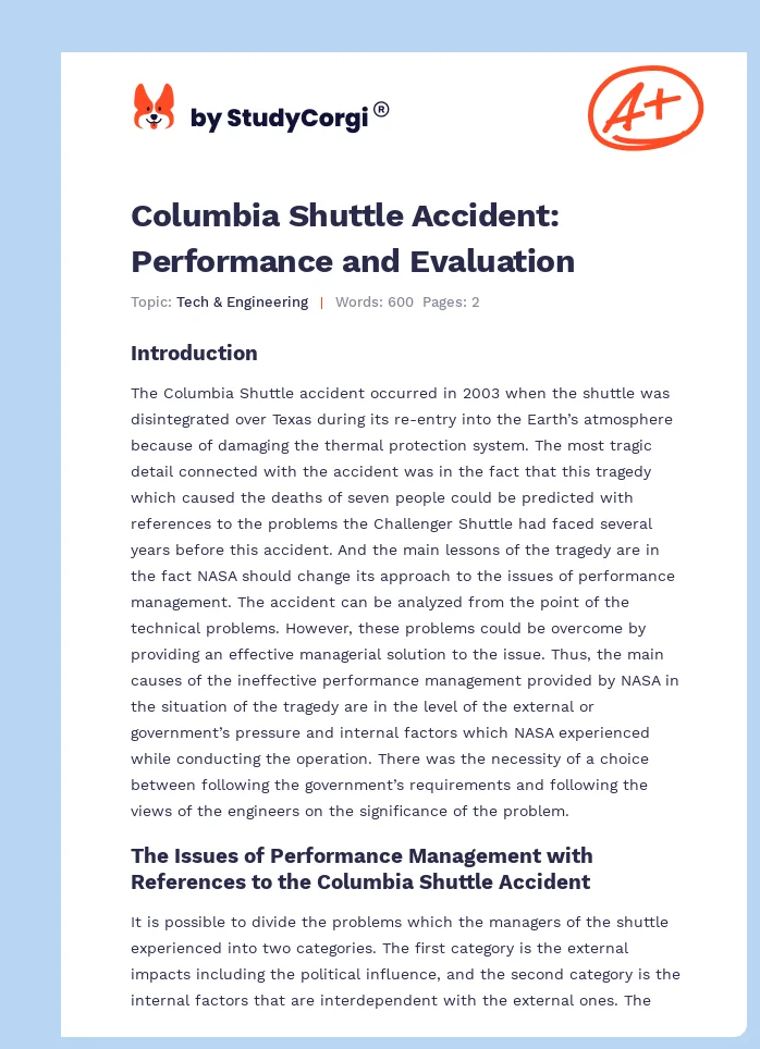 Columbia Shuttle Accident: Performance and Evaluation. Page 1