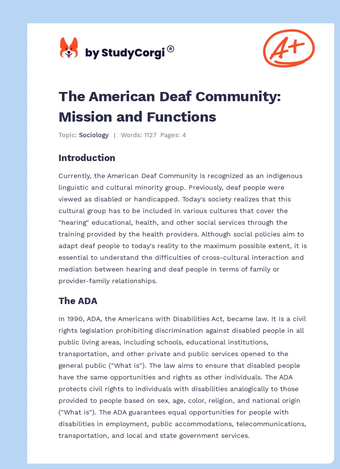 The American Deaf Community: Mission and Functions. Page 1