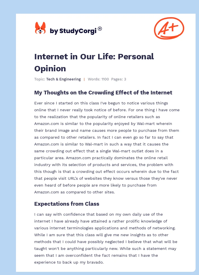 Internet in Our Life: Personal Opinion. Page 1