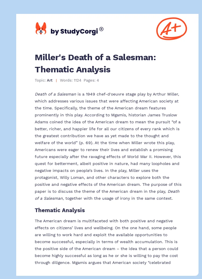 Miller's Death of a Salesman: Thematic Analysis. Page 1