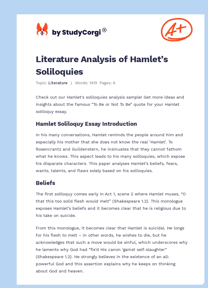 Literature Analysis of Hamlet’s Soliloquies. Page 1