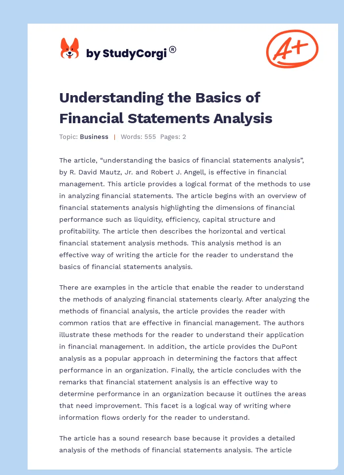 Understanding the Basics of Financial Statements Analysis. Page 1