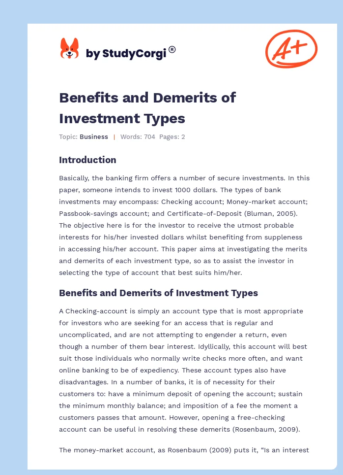 Benefits and Demerits of Investment Types. Page 1
