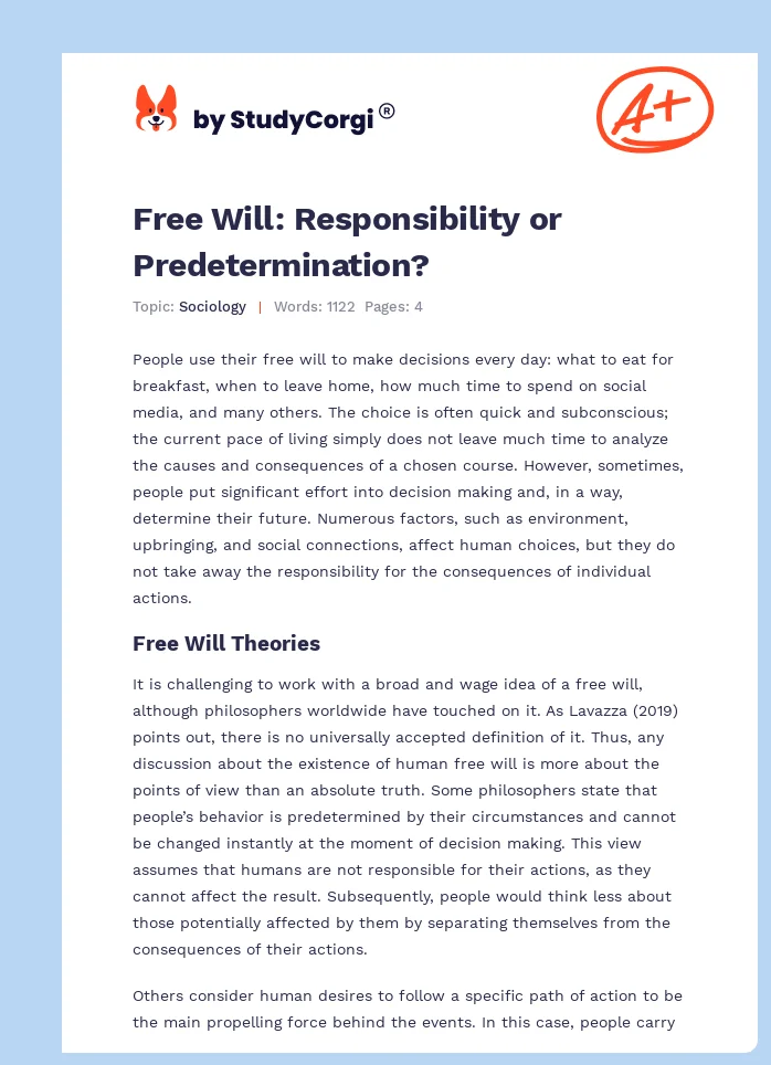 Free Will: Responsibility or Predetermination?. Page 1