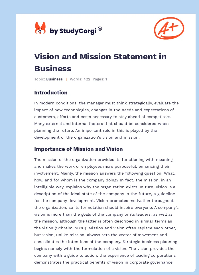 Vision and Mission Statement in Business. Page 1