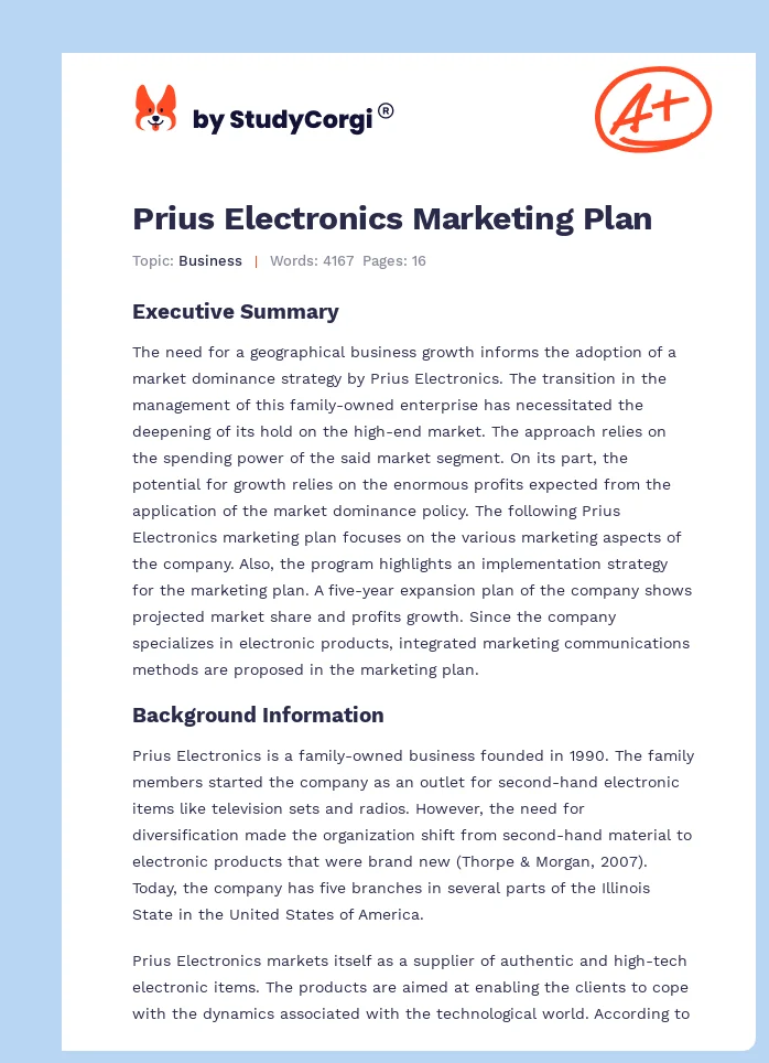 Prius Electronics Marketing Plan. Page 1