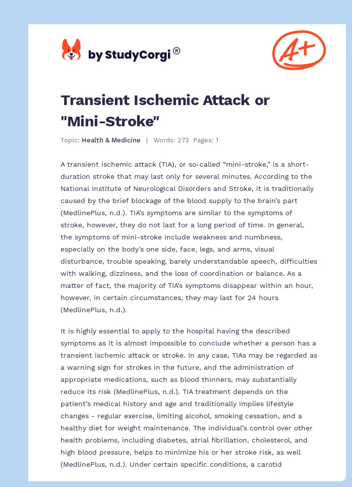 Transient Ischemic Attack or "Mini-Stroke". Page 1