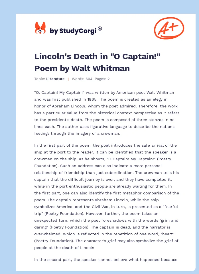 Lincoln's Death in "O Captain!" Poem by Walt Whitman. Page 1