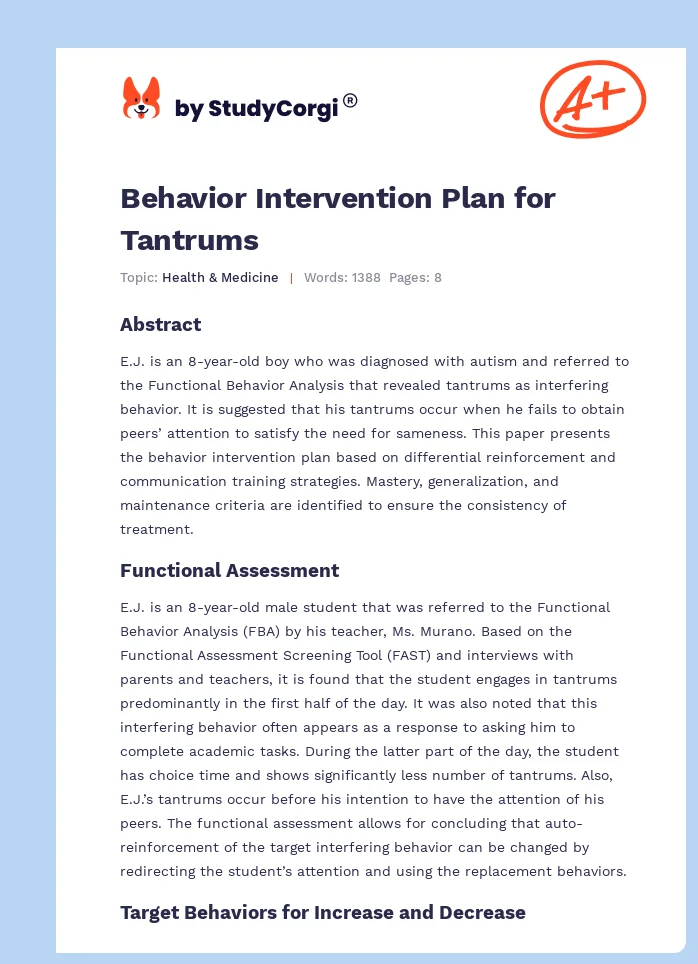 Behavior Intervention Plan for Tantrums. Page 1