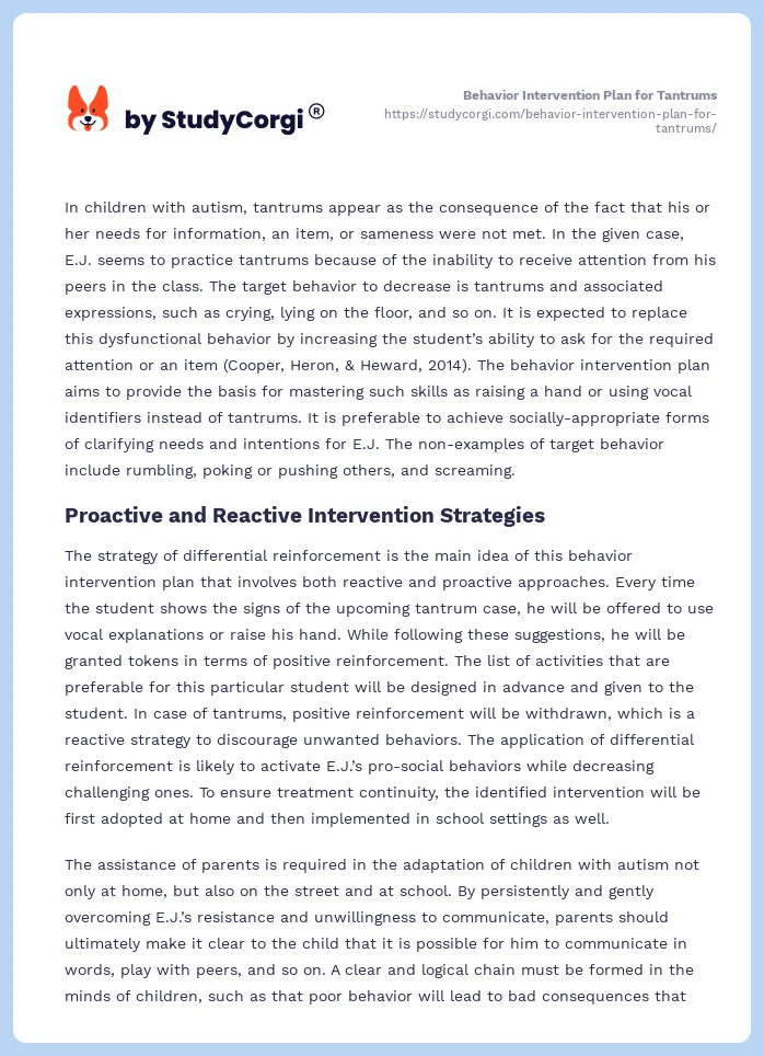 Behavior Intervention Plan for Tantrums. Page 2