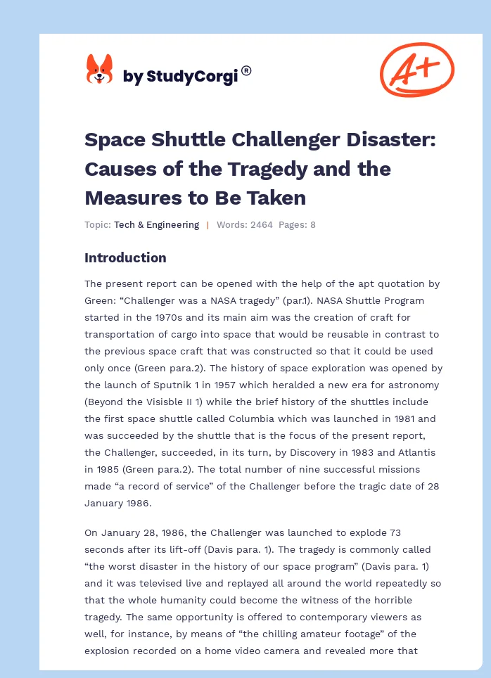 Space Shuttle Challenger Disaster: Causes of the Tragedy and the Measures to Be Taken. Page 1