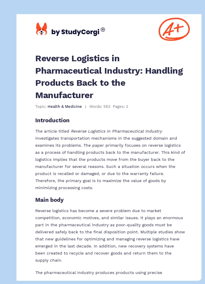 Reverse Logistics in Pharmaceutical Industry: Handling Products Back to the Manufacturer. Page 1