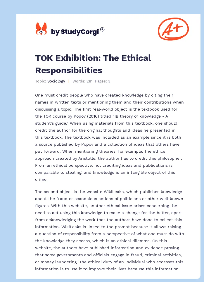 TOK Exhibition: The Ethical Responsibilities. Page 1