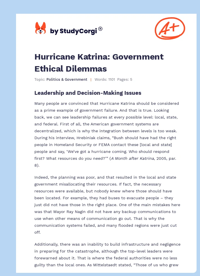 Hurricane Katrina: Government Ethical Dilemmas. Page 1