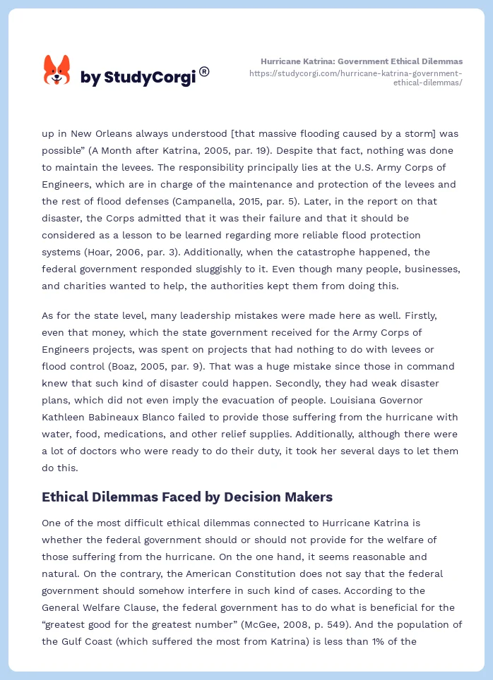 Hurricane Katrina: Government Ethical Dilemmas. Page 2