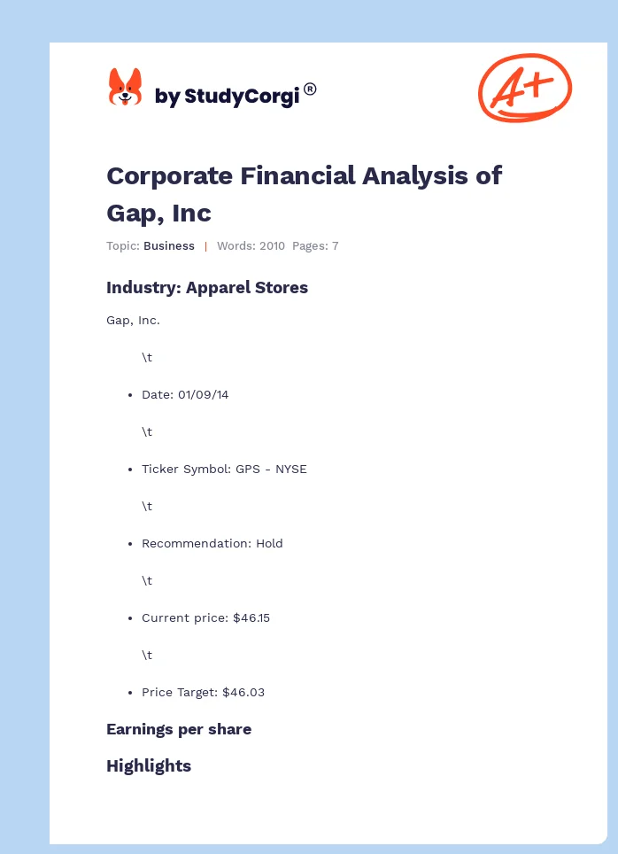 Corporate Financial Analysis of Gap, Inc. Page 1