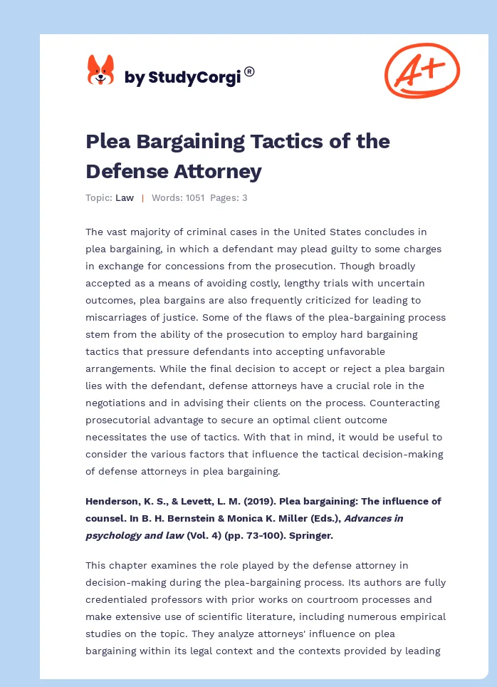 Plea Bargaining Tactics of the Defense Attorney. Page 1