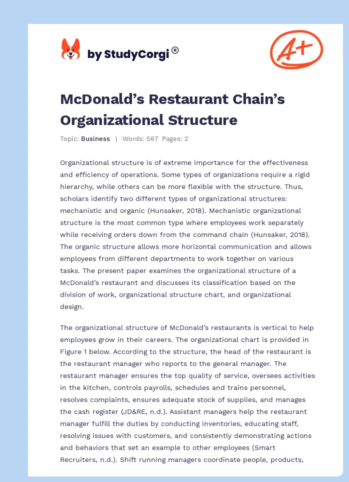 McDonald’s Restaurant Chain’s Organizational Structure. Page 1