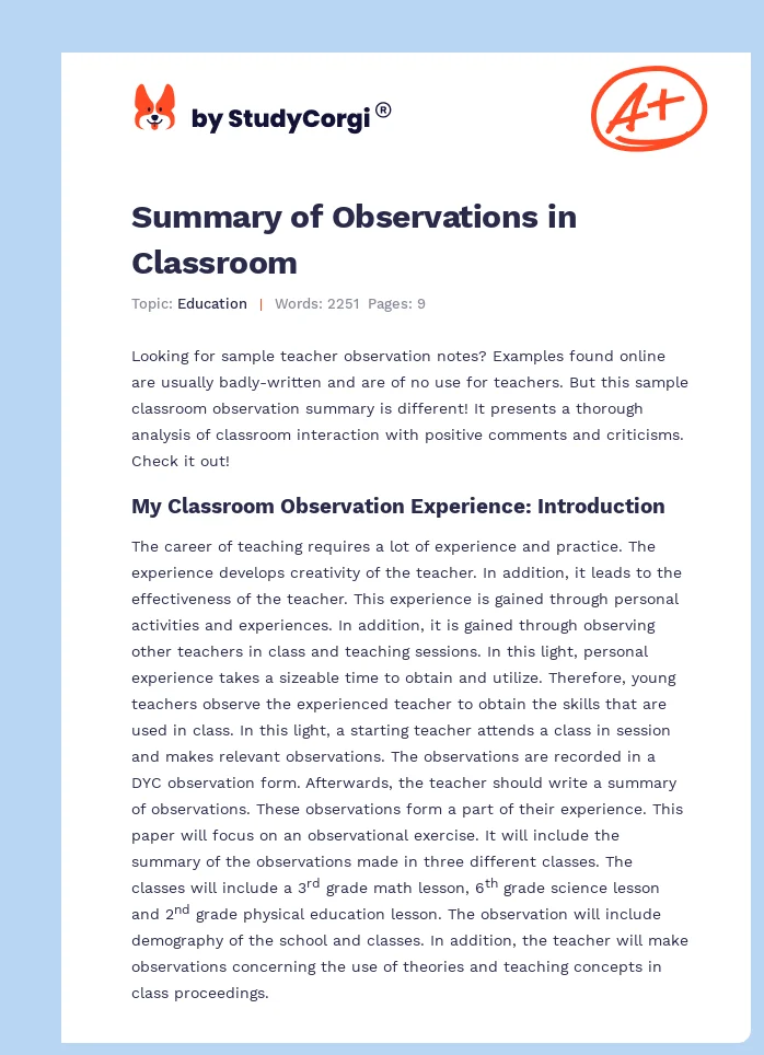 Summary of Observations in Classroom. Page 1