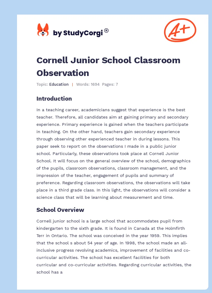 Cornell Junior School Classroom Observation. Page 1