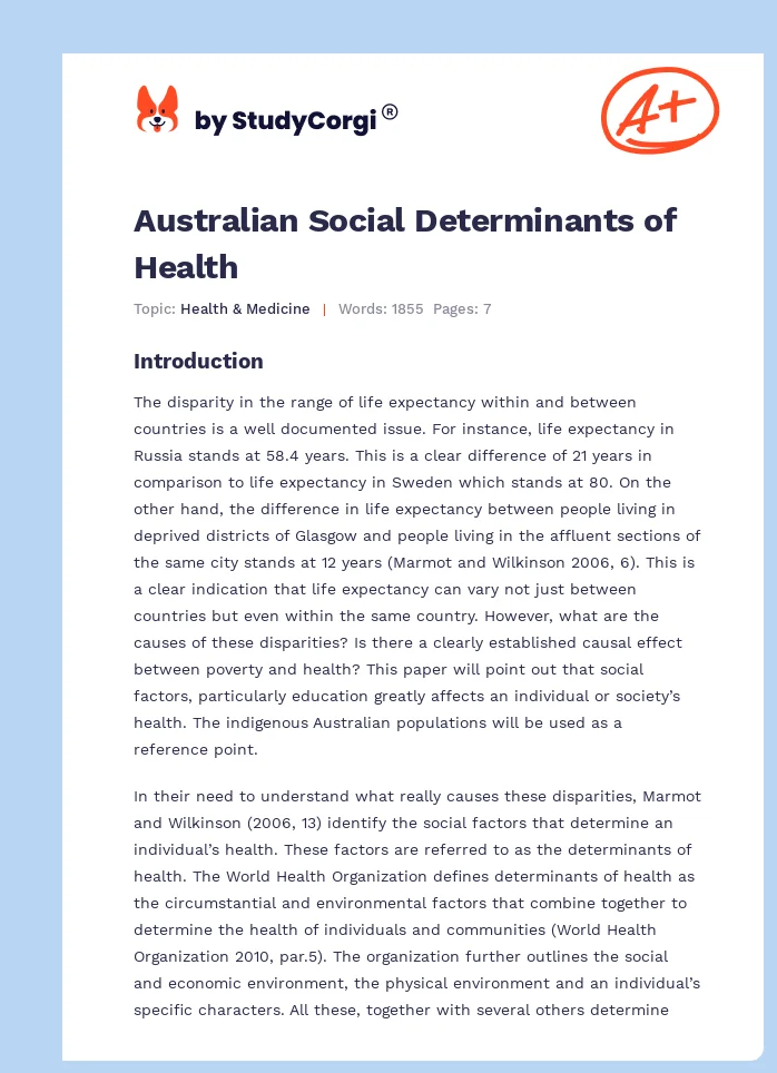 Australian Social Determinants of Health. Page 1