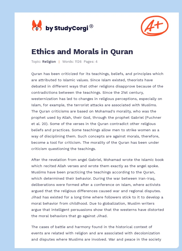 Ethics and Morals in Quran. Page 1