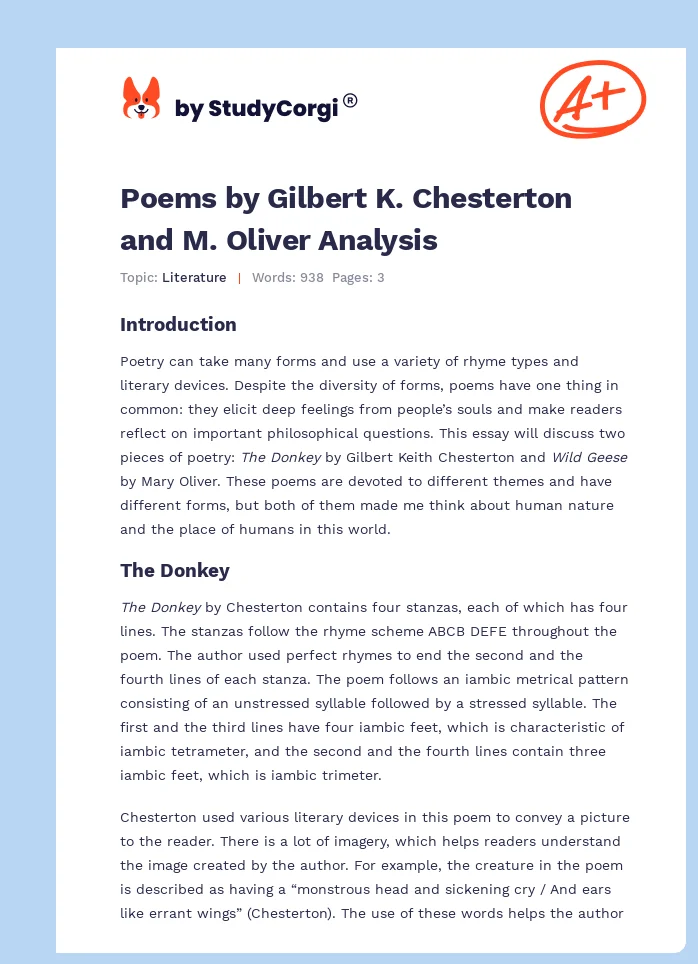 Poems by Gilbert K. Chesterton and M. Oliver Analysis. Page 1