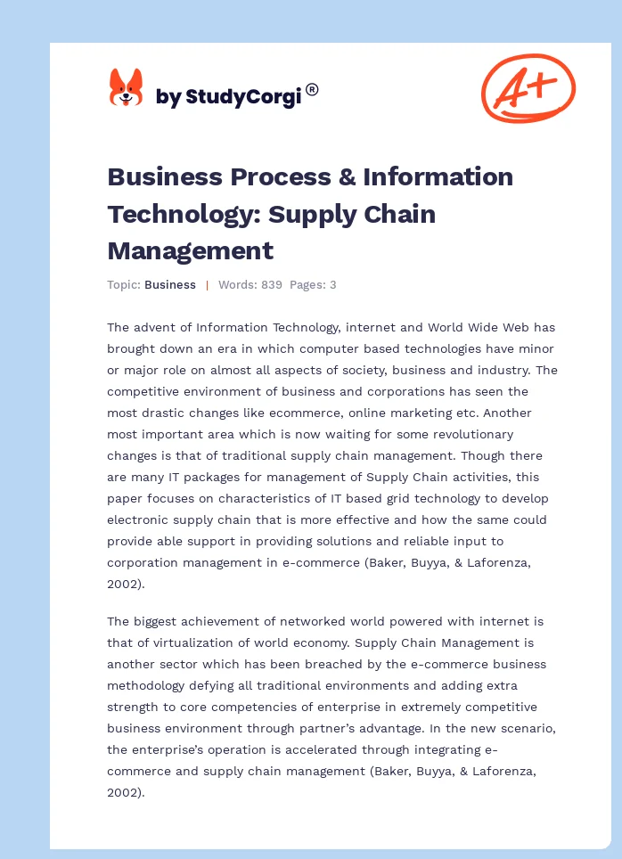 Business Process & Information Technology: Supply Chain Management. Page 1