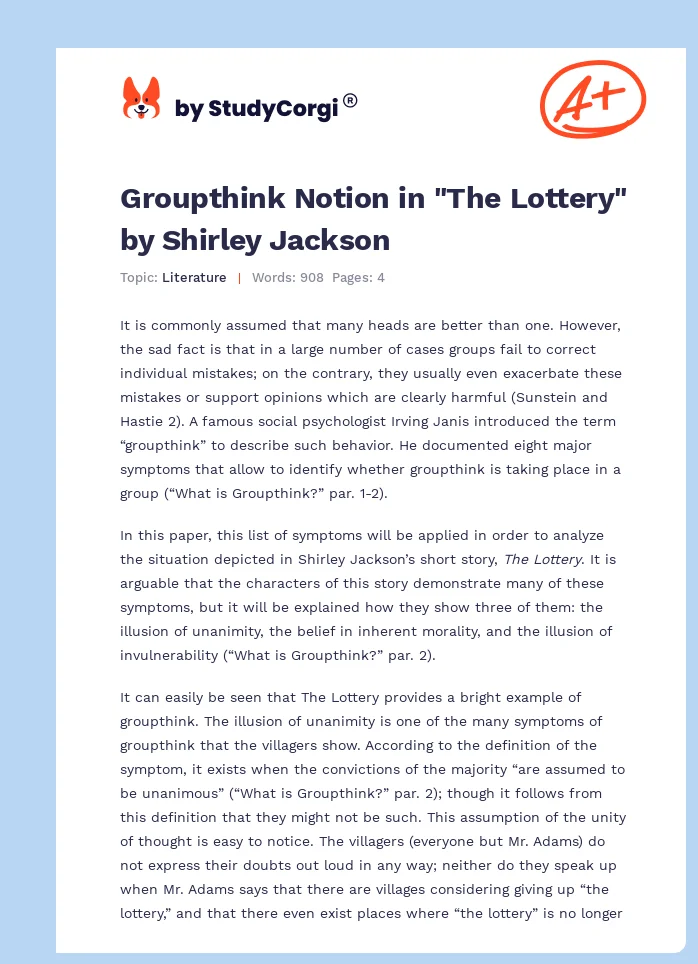 Groupthink Notion in "The Lottery" by Shirley Jackson. Page 1