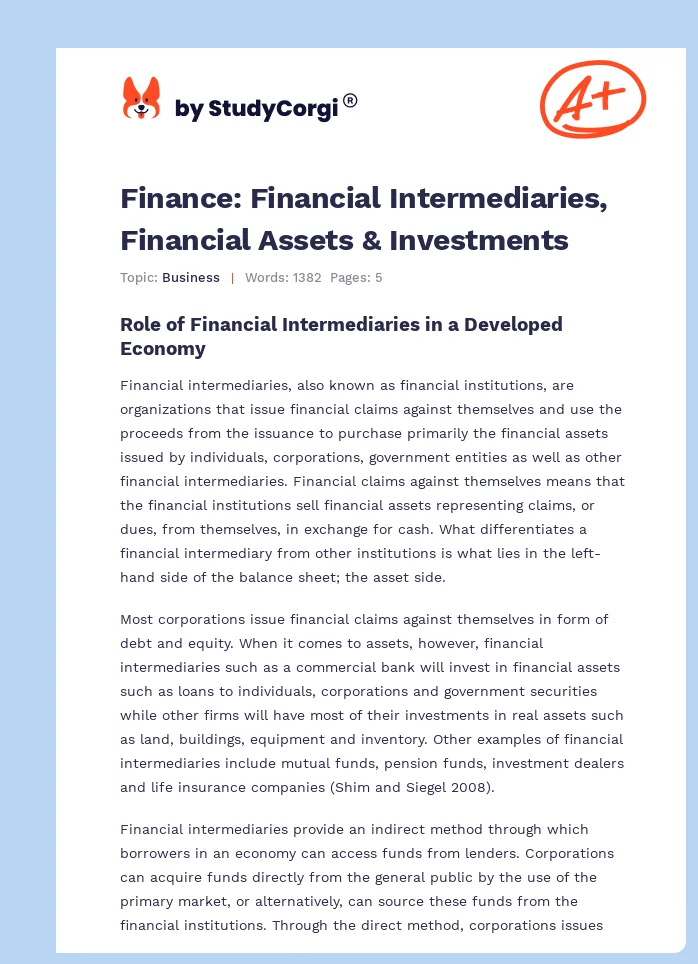 Finance: Financial Intermediaries, Financial Assets & Investments. Page 1
